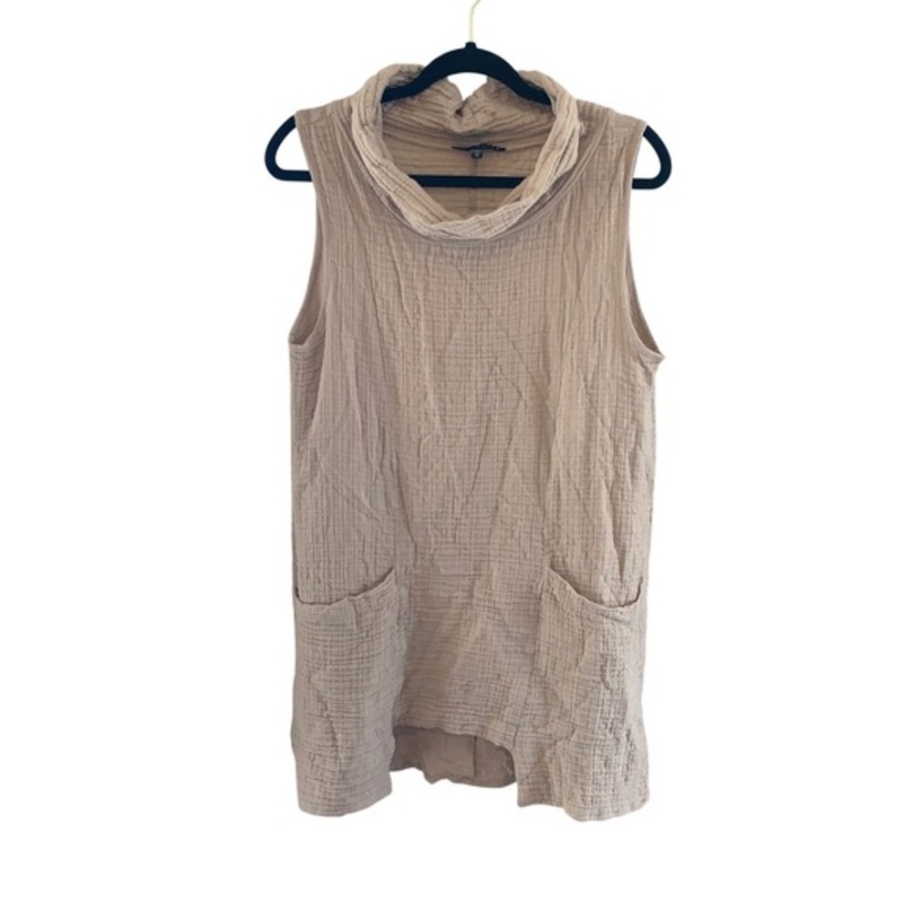 KOZAN XS Beige Textured Cowl Neck Tunic Lagenlook‎ Sleeveless Pockets Artsy